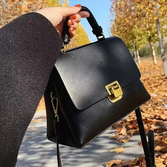 Black Faux Leather Gold Clasp Handbag - Picture 1 of 5